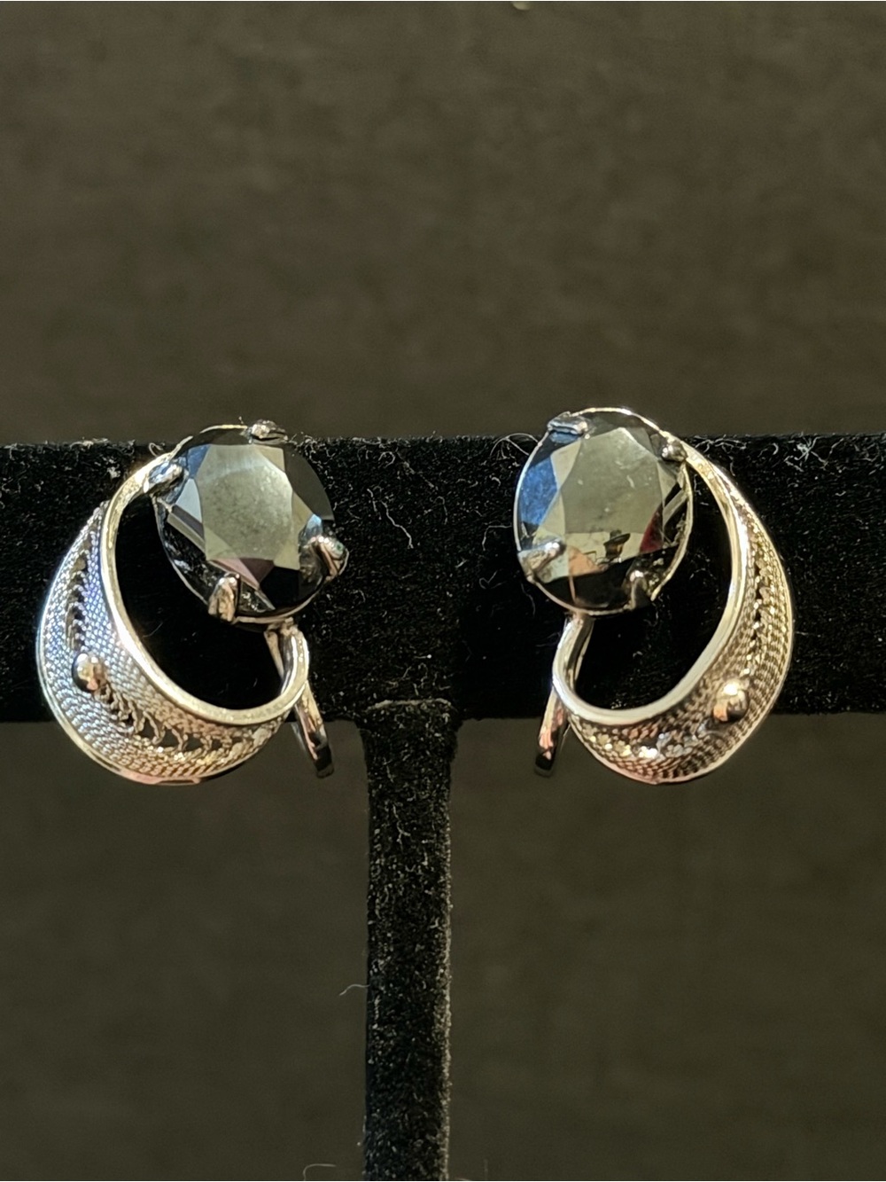 Vintage Sorrento Sterling Silver Black Crystal Crescent Clip-On Earrings